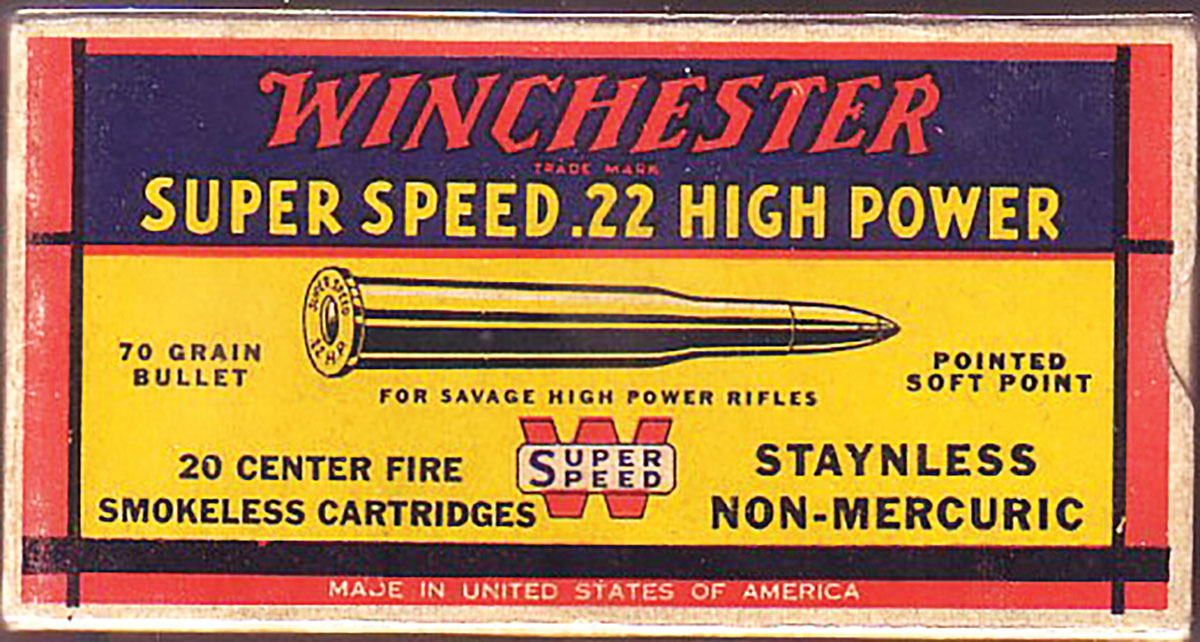 Not long after Savage introduced the 22 Hi-Power in 1912, Winchester began offering the ammunition loaded with 70-grain expanding and full-patch bullets at a velocity of 2,750 fps. The 22 High Power spelling was often used by both Winchester and Savage. Remington also offered the ammunition.